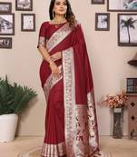 Maroon banarasi silk blend saree with weaving work