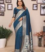 Aqua blue banarasi silk blend saree with weaving work