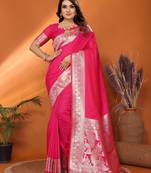 Pink banarasi silk blend saree with weaving work