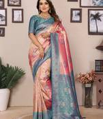 Aqua banarasi tissue silk blend saree with weaving work