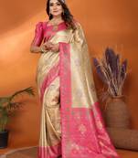 Cream banarasi tissue silk blend saree with weaving work