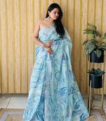 Sky blue soft linen cotton digital print saree with printed pallu