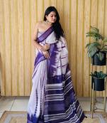 Violet soft linen cotton digital print saree with printed pallu