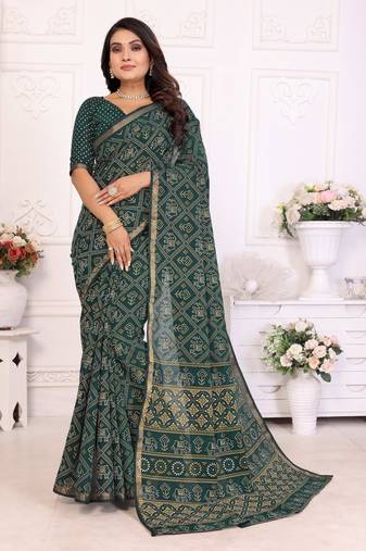 Dark green soft cotton light weight zari weaving saree with blouse