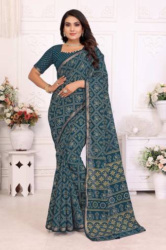 Teal green soft cotton light weight zari weaving saree with blouse