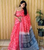 Pink soft linen cotton digital print saree with printed pallu