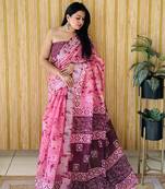 Pink soft linen cotton digital print saree with printed pallu