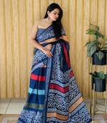 Navyblue soft linen cotton digital print saree with printed pallu