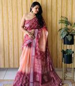Peach soft linen cotton digital print saree with printed pallu