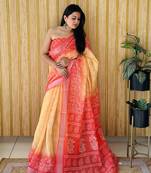 Pink soft linen cotton digital print saree with printed pallu