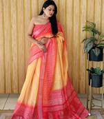 Yellow soft linen cotton digital print saree with printed pallu