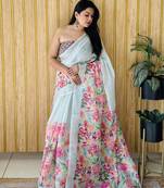 Sky soft linen cotton digital print saree with printed pallu