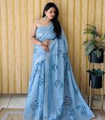 Blue soft linen cotton digital print saree with printed pallu