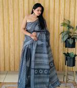 Dark grey soft linen cotton digital print saree with printed pallu