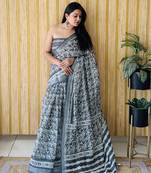 Grey soft linen cotton digital print saree with printed pallu
