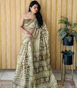 Lime green soft linen cotton digital print saree with printed pallu