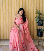 Peach linen cotton digital print saree with printed pallu