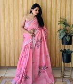 Pink soft linen cotton digital print saree with printed pallu