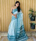 Light blue and purple soft linen cotton digital print saree with printed pallu