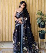 Black soft linen cotton digital print saree with printed pallu