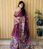 Wine soft linen cotton digital print saree with printed pallu