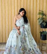 Light aqua soft linen cotton digital print saree with printed pallu