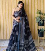 Black and white soft linen cotton digital print saree with printed pallu