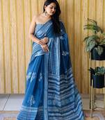 Blue soft linen cotton digital print saree with printed pallu