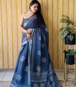 Grey soft linen cotton digital print saree with printed pallu