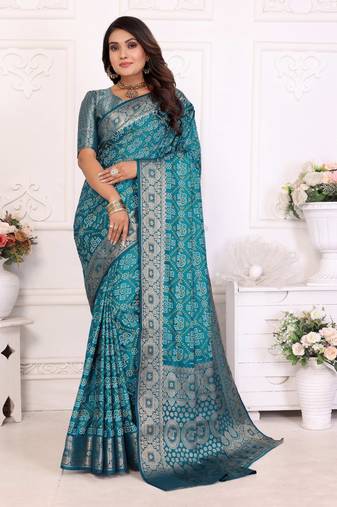 Blue soft satin silk bandhej print saree with kanchi zari weaving border