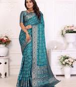 Blue soft satin silk blend bandhej print saree with kanchi zari weaving border