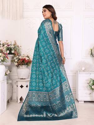 Blue soft satin silk blend bandhej print saree with kanchi zari weaving border 2