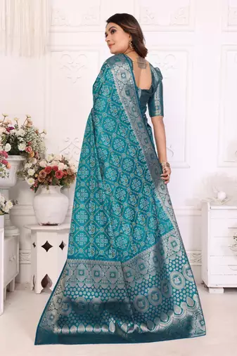 Blue soft satin silk blend bandhej print saree with kanchi zari weaving border