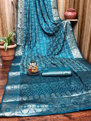 Blue soft satin silk blend bandhej print saree with kanchi zari weaving border 4