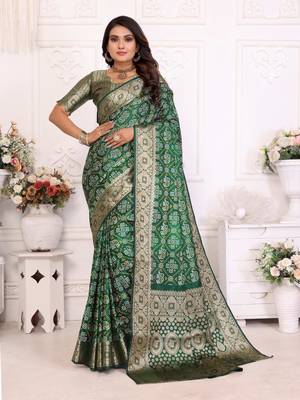 Dark green soft satin silk blend bandhej print saree with zari weaving border 1