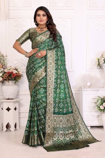 Dark green soft satin silk bandhej print saree with zari weaving border