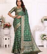 Dark green soft satin silk blend bandhej print saree with zari weaving border