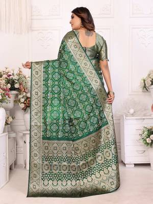 Dark green soft satin silk blend bandhej print saree with zari weaving border 2