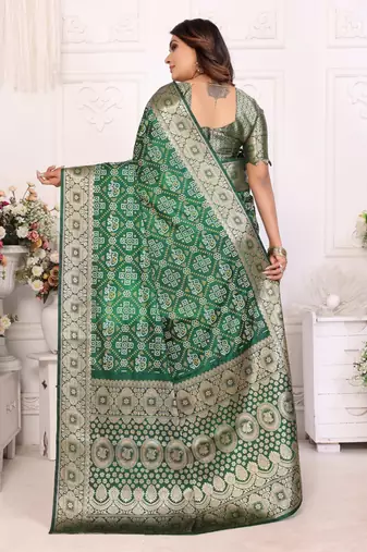 Dark green soft satin silk blend bandhej print saree with zari weaving border