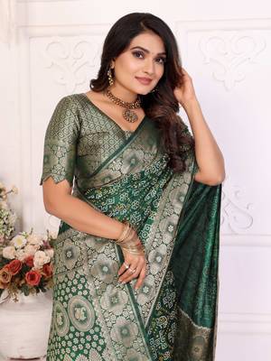 Dark green soft satin silk blend bandhej print saree with zari weaving border 3