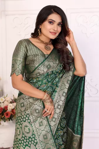 Dark green soft satin silk blend bandhej print saree with zari weaving border