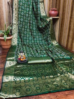Dark green soft satin silk blend bandhej print saree with zari weaving border 4