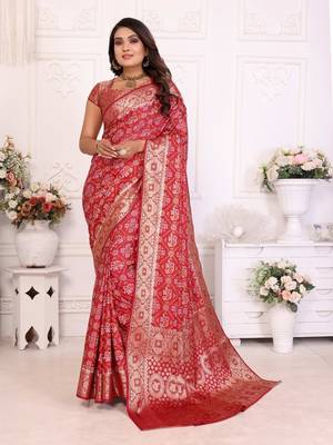 Dark red soft satin silk blend bandhej print saree with kanchi zari weaving border 1