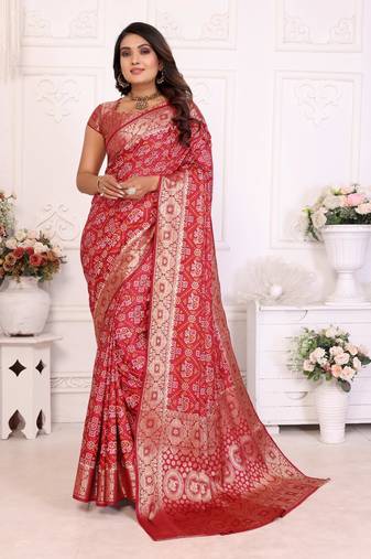 Dark red soft satin silk bandhej print saree with kanchi zari weaving border