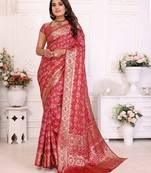 Dark red soft satin silk blend bandhej print saree with kanchi zari weaving border