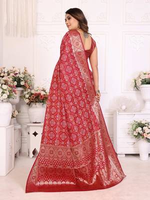 Dark red soft satin silk blend bandhej print saree with kanchi zari weaving border 2