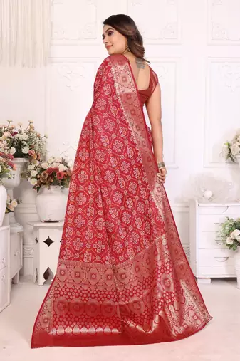 Dark red soft satin silk blend bandhej print saree with kanchi zari weaving border