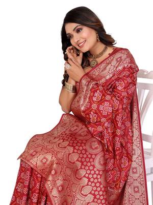 Dark red soft satin silk blend bandhej print saree with kanchi zari weaving border 3