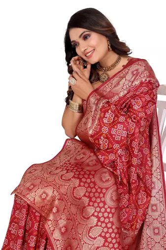 Dark red soft satin silk blend bandhej print saree with kanchi zari weaving border