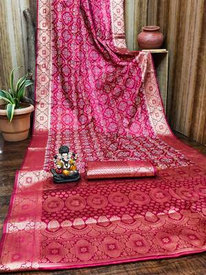 Dark red soft satin silk blend bandhej print saree with kanchi zari weaving border 4